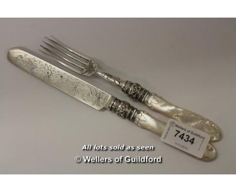 *Victorian silver plate and mother of pearl knife and fork c1870  (Lot subject to VAT) (LQD98)