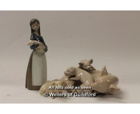 Lladro group of pig with two piglets; Lladro child holding piglet, 17cm; Midwinter pig figure. (3)