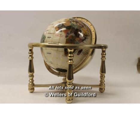 Gemstone globe with inbuilt compass, approx diameter 30cm including stand.