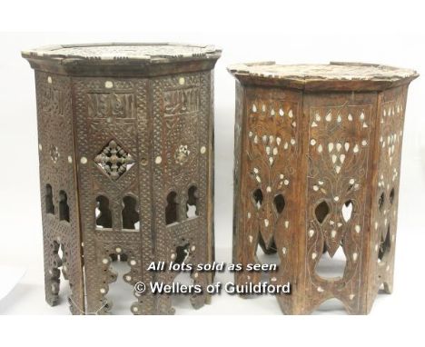 *Two carved hardwood octagonal occasional tables with mother-of-pearl inlay, the tallest 53cm. (Lot subject to VAT)