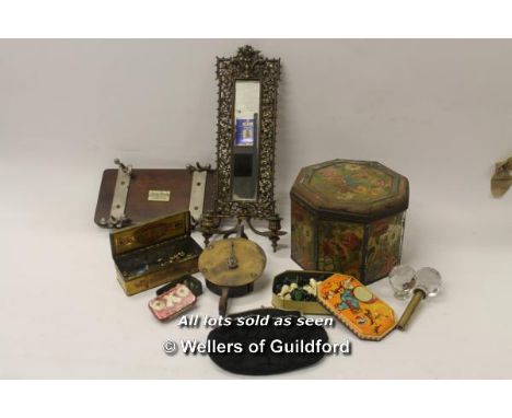 Brass girandole wall mirror, Austin Reed tie press, old tins, Salter's spring balance scales, black evening bag, cut glass do