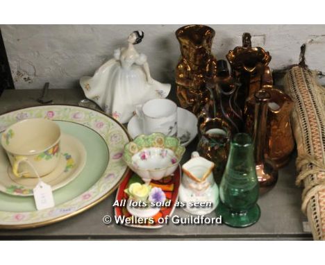 A 19th Century bat printed cup and saucer depicting a rural view; Royal Doulton Minden twin-handle cup and saucer; five coppe