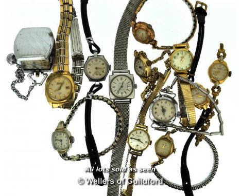 Selection of twelve ladies' vintage wristwatches, including Bulova, Rotary, Timex, together with a miniature travel clock