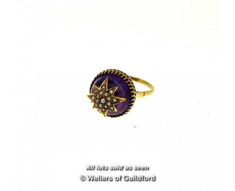 *Amethyst and seed pearl dress ring, dome shaped cabachon cut amethyst topped with a star shape set with seed pearls, mounted
