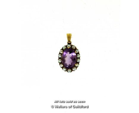 *Vintage amethyst and seed pearl pendant, oval cut amethyst with a surround of seed pearls, mounted in 9ct yellow gold, gross
