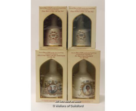 Bell's Scotch Whisky: 1980's commemorative full decanters, The 60th birthday of HRH Queen Elizabeth II, 75cl, the wedding of 
