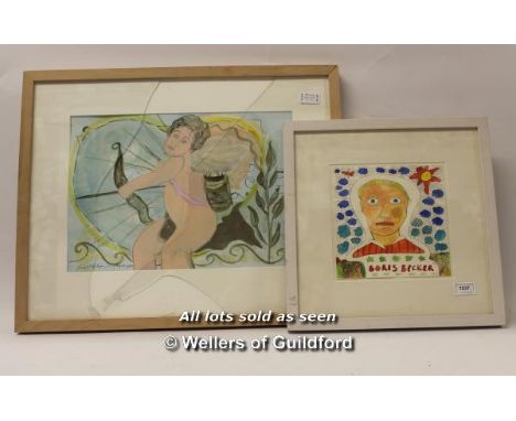 *Naive pen and ink portrait of Boris Becker, 20 x 20cm; watercolour drawing of a cherub, signed indistinctly, (2)