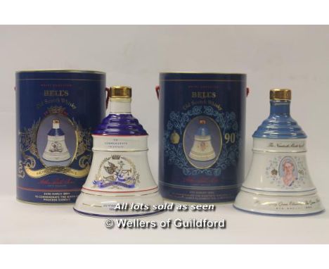 Bell's Scotch Whisky: Two full commemorative royal decanters in presentation boxes, The 90th birthday of the Queen Mother and
