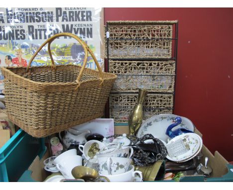 Old Foley Storage Jars, Royal Doulton part tea service, wicker basket, wicket baskets in a stand. (3) One Box