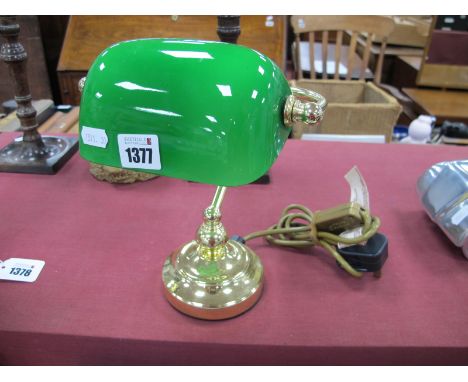 A Small Contemporary Banker's Lamp, with green glass shade, 23cm high with shade down, approximately 57cm high.