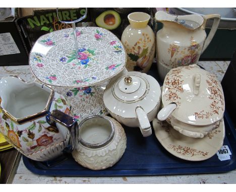 Worcester Locke &amp; Co Bowl, with silver rim, raised floral decoration, Midwinter, Stylecraft cake stand, Sadler teapot:- O