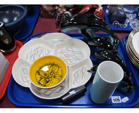 Poole Pottery: Mid XX Century Six Sectional Hors d'euvres, four dolphins, cylinder vase, Aegean style raised dish:- One Tray