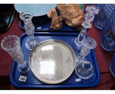 Val St. Lambert Glass Candlestick, of hexagonal form, 24cm high, Edinburgh squat vase, circular display block.