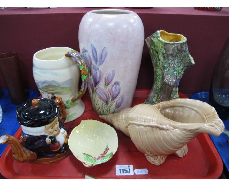 Radford Vase, Devon Fielding 'Killarney' tankard with musical facility, Winton 'Lakeland' tree trunk posy, Burleigh shell pos