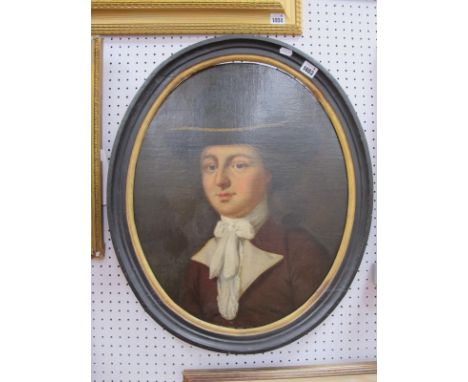 A XVIII Oval Oil on Canvas, Portrait of a Gentleman sporting a hat, unsigned, 54 x 43cm.