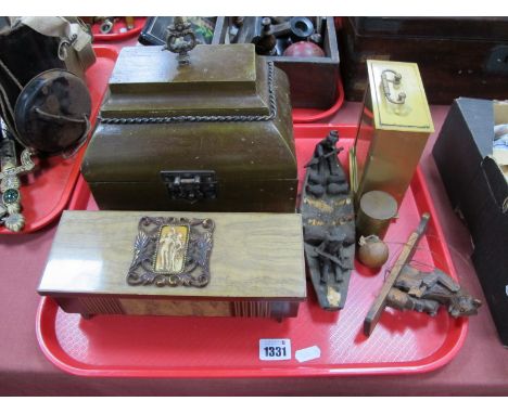 A Black Forest Style Bear Chopping Wood, jewellery box as a radiogram, clock etc:- One Tray