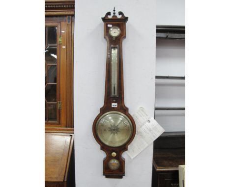 A XIX Century Inlaid Mahogany Banjo Wall Barometer, with swan neck top, Dominic Gugen of Boston to level, dial, thermometer a