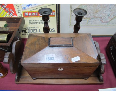 XIX Century Rosewood Sarcophagus Shaped Tea Caddy, on bun feet, 23.5cm wide, pair of oak barley twists candlesticks, adjustab