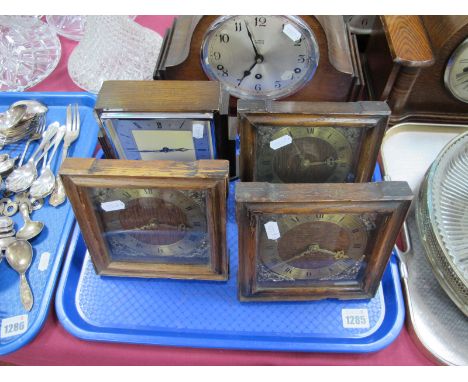 Three Smiths Bureau Oak Cased Eight Day Clocks, Garrard eight day seven jewels oak cased mantle clock. (4)