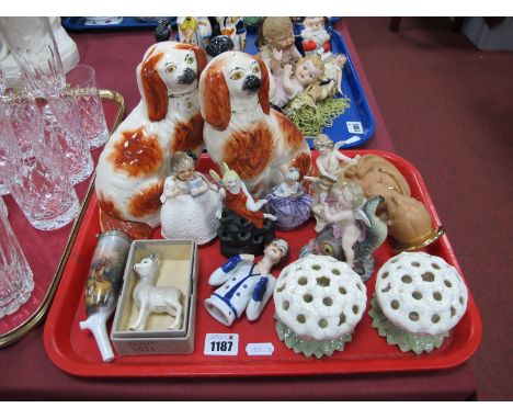 Royal Worcester Pair of Posy Displays, each white floral on green leaf base, 8cm diameter, Beswick Babycham type fawn, Staffo