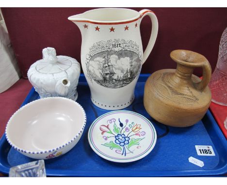 U.S Constitution Jug, featuring Commodore Bainbridge and the 'Java' (crazed), tea pot in the form of a crown. Poole pottery, 
