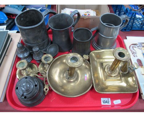 XIX Century Brass Chamber Candlestick, XIX Century pewter tankards, XIX Century pewter inkwell, etc:- One Tray