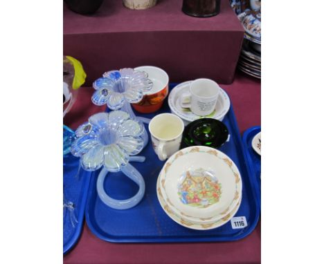 A Pair of Murano Lavorazions Posy Vases, Orrefors ashtray (scratched). Poole Aegean style jardinette numbered 72, Wedgwood &a