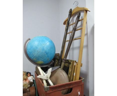 Globe Lamp by Rico, mirror, prints, warming pans, valet, darts, etc:- One Box