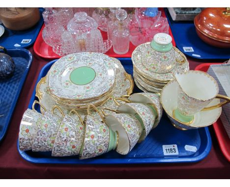Royal Stafford 1930's Floral Tea Service, of twenty eight pieces, having gilt rims and green centre panels.