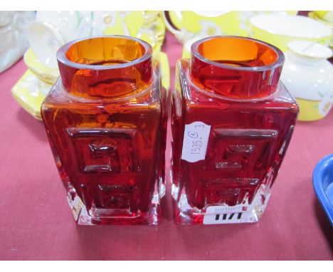 Geoffrey Baxter for Whitefriars, pair of ruby glass vases, each with circular rim and double Greek key motif to each rectangu