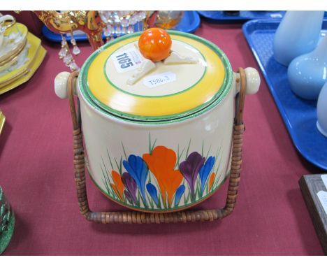 A Clarice Cliff Lotus Pattern Biscuit Barrel, (chips to lid) 16cm high.