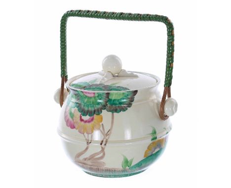 Clarice Cliff 'Viscaria' biscuit barrel and cover, with a wicker swing handle, shape 335, 6" high excluding the handle 