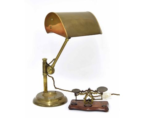 Vintage brass bankers lamp, height adjustable on a circular weighted desk stand, 16.5" high max; together with a small set of
