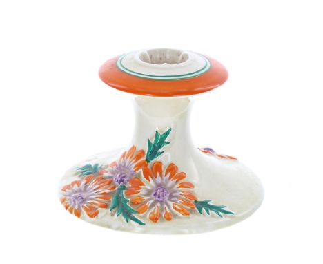 Clarice Cliff Bizarre 'Orange Marguerite' candlestick, shape 310, 3" high 
