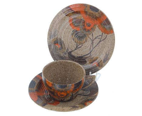 Clarice Cliff 'Goldstone Rhodanthe' trio, comprising a tea cup, saucer and plate, the side plate 6" diameter 