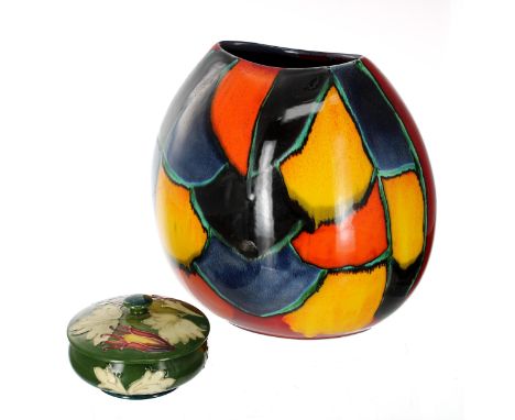 Moorcroft 'Columbine' bowl and cover, stamped factory marks, 4.75" diameter; together with a Poole Pottery 'Mosaic Purse' vas