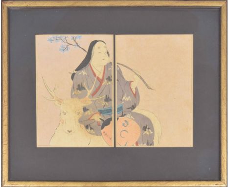 Japanese School - portrait of a figure in traditional dress riding a deer, signed watercolour on paper, possibly two pages fr