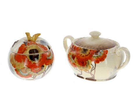Clarice Cliff Bizarre 'Rhodanthe' apple preserve pot and cover,&nbsp;3.5" high; together with a twin-handle sucrier in the sa