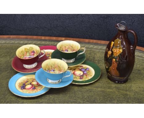 Three Aynsley "Orchard Fruit" tea cup, saucer and plate trios; together with a Royal Doulton "The Connoisseur" treacle glaze 