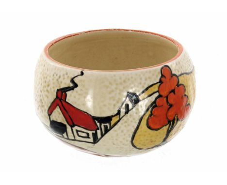 Clarice Cliff Fantasque Bizarre 'House &amp; Bridge' preserve pot base,&nbsp;2.25" high 