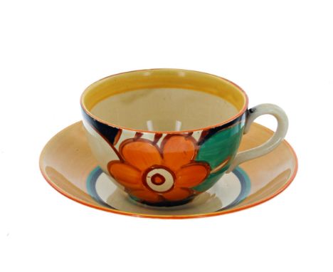 Clarice Cliff Fantasque 'Floreat' globe cup and saucer, the saucer 5.5" diameter 