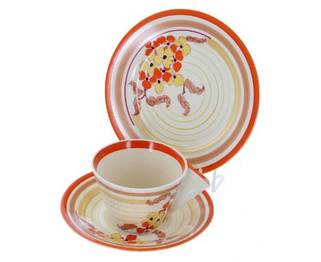 Clarice Cliff Bizarre 'Hydrangea' trio, comprising a conical tea cup, saucer and side plate, the side plate&nbsp;6.5" diamete