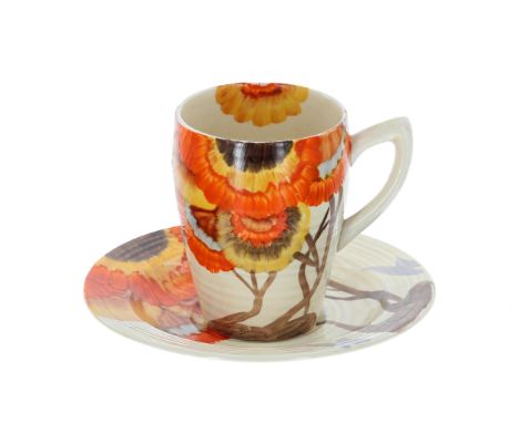 Clarice Cliff Bizarre 'Rhodanthe' Lynton cup and saucer, the cup 3" high, the saucer 4.5" diameter 
