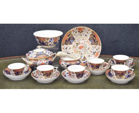 19th century Derby porcelain part tea set, comprising six cups with saucers, sucrier with cover (cover repaired), jug, sandwi
