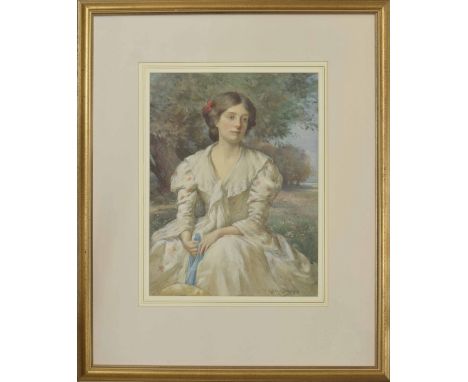 William Kay Blacklock (1872-1924) - portrait of a young girl, seated three quarter length wearing a cream dress and holding a