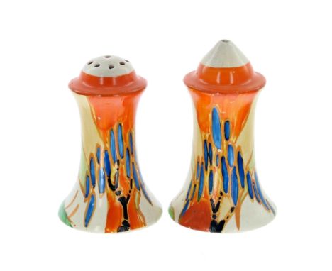 Pair of Clarice Cliff 'Windbells' muffineer salt and pepper pots, 3" and 3.5" high (2) 