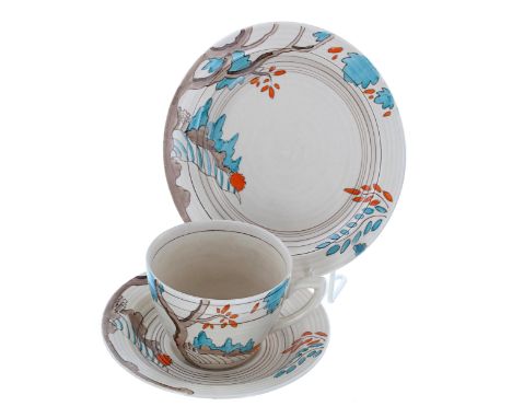 Clarice Cliff 'Mowcop' trio, comprising a tea cup, saucer and side plate, the side&nbsp;plate 6.5" diameter 