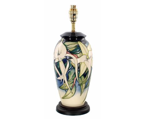 Moorcroft Pottery table lamp, mounted upon a circular base, labelled 'shape/type 393/10', 15" high including fitting 