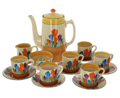 Clarice Cliff Bizarre 'Autumn Crocus' tankard coffee set for six, comprising a tankard coffee pot and cover, milk jug, sugar 