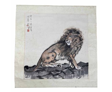 Chinese ink and watercolour on paper of a&nbsp;Lion,&nbsp;Possibly Xu Beihong, with artist inscriptions and seal, 30" x 31" -